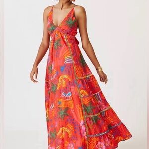 Farm Rio Red Tropical "Good Vibes" Cotton Halter Sleeveless Maxi Dress Sz Small